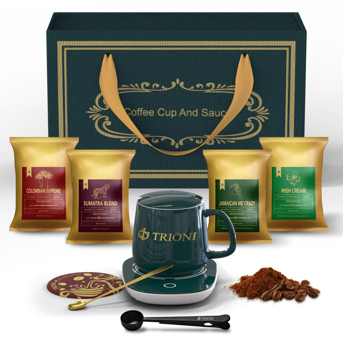 TRIONI Premium Coffee Gift Basket featuring a Self Heating Coffee Mug, Coffee Scoop Clip, and a Coaster - TRIONI Treats