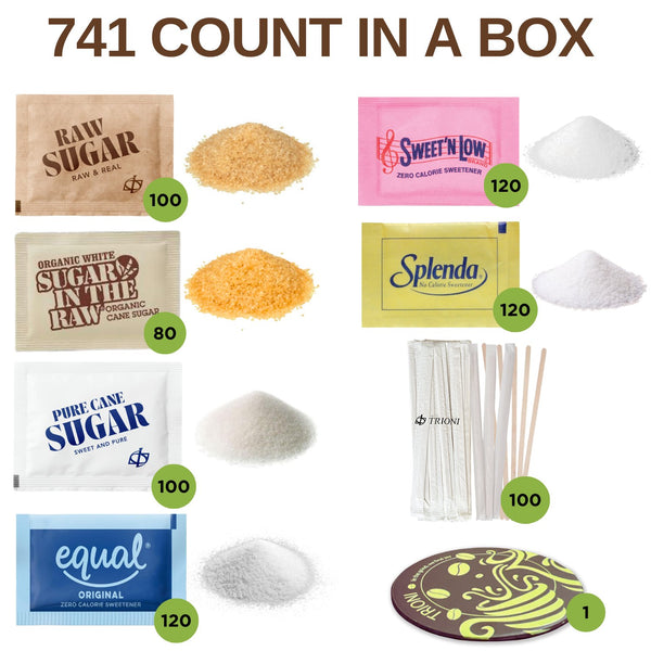 TRIONI Sugar and Sweetener Assortment Pack - Organic, Raw, Cane Sugar, and 3 Sweeteners with Stirrers and Coaster - TRIONI Treats