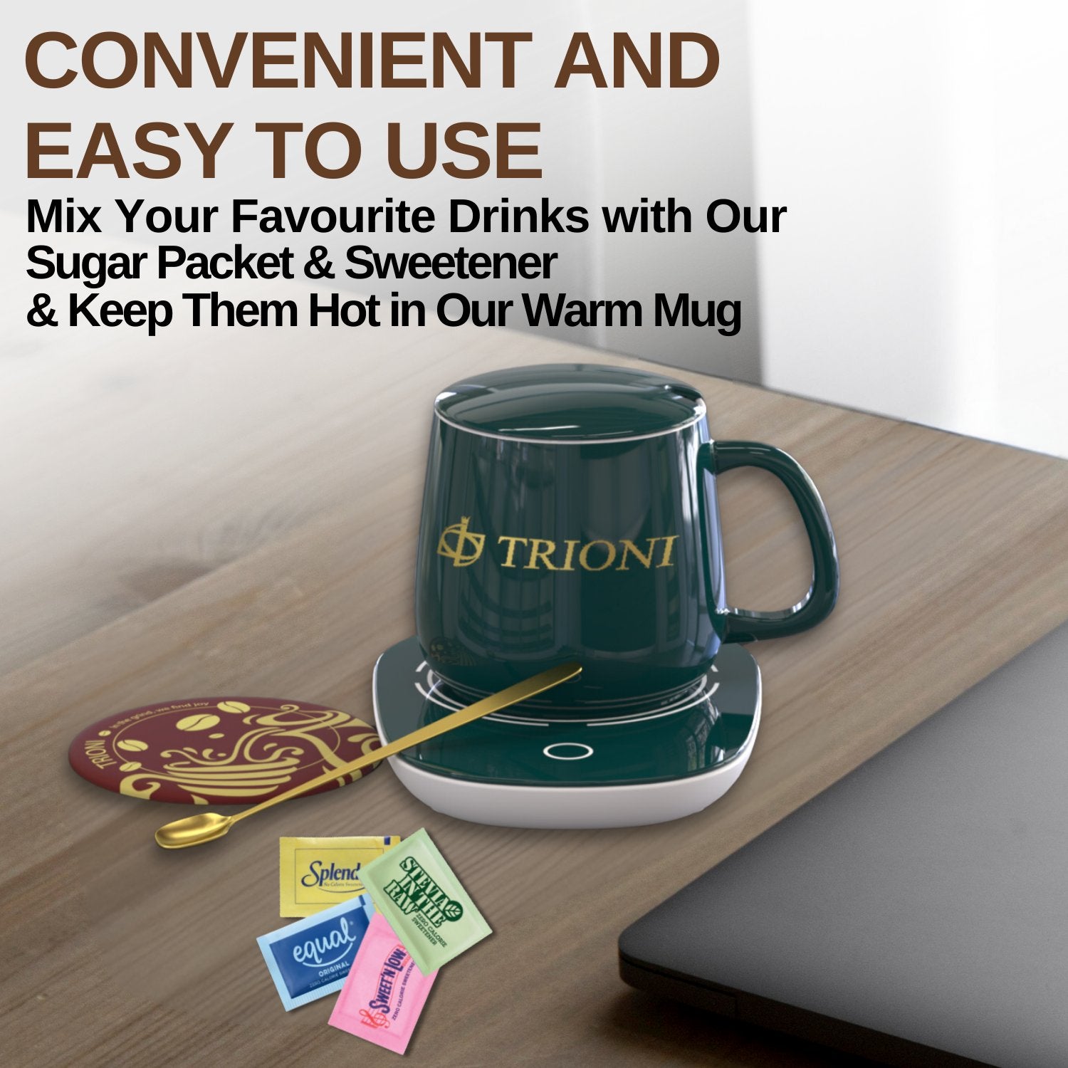 TRIONI Sweetener Assortment Pack - Stevia, Aspartame, Saccharin, and Sucralose with Stirrers and Coaster - TRIONI Treats