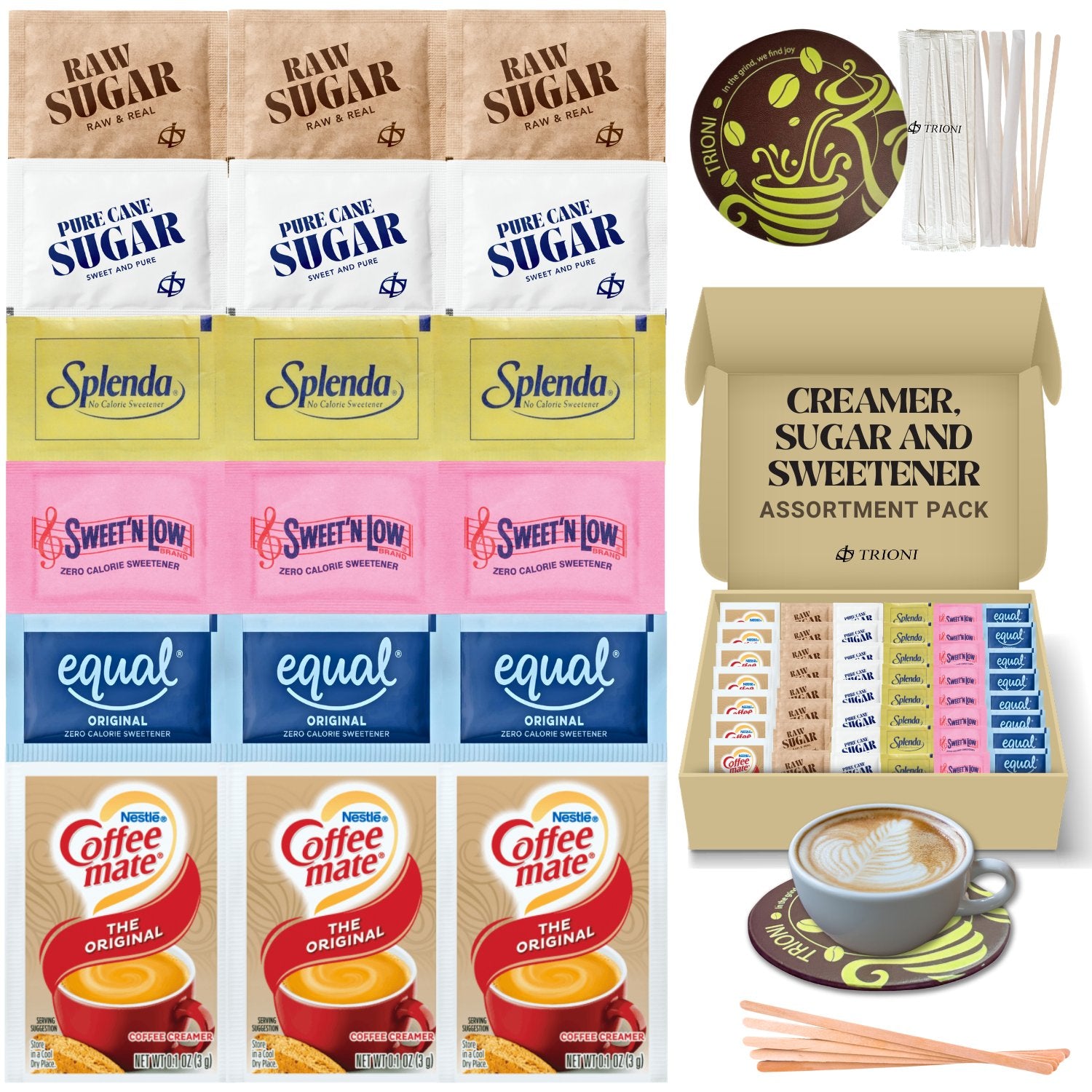 TRIONI Coffee Creamer Powder, Sugar and Sweetener Assortment Pack - Raw, Cane Sugar and 3 Sweeteners with Stirrers and Coaster - 431 count - TRIONI Treats