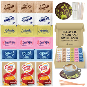 TRIONI Coffee Creamer Powder, Sugar and Sweetener Assortment Pack - Raw, Cane Sugar and 3 Sweeteners with Stirrers and Coaster - 431 count - TRIONI Treats