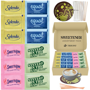 TRIONI Sweetener Assortment Pack - Stevia, Aspartame, Saccharin, and Sucralose with Stirrers and Coaster - TRIONI Treats