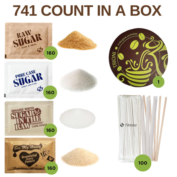 TRIONI Sugar Assortment Pack - Honey, Organic, Raw, and Cane Sugar with Stirrers and Coaster - 421 count - TRIONI Treats