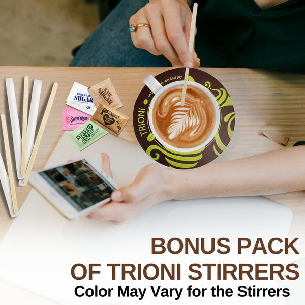 TRIONI Sugar and Sweetener Assortment Pack - Honey, Raw, Cane Sugar, Stevia, and 2 Sweeteners - with Stirrers and Coaster - TRIONI Treats