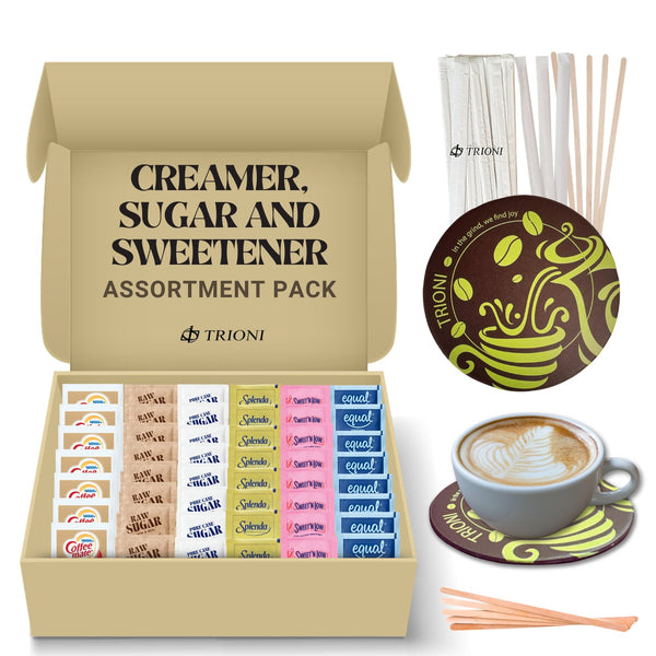 TRIONI Coffee Creamer Powder, Sugar and Sweetener Assortment Pack - Raw, Cane Sugar and 3 Sweeteners with Stirrers and Coaster - 431 count - TRIONI Treats