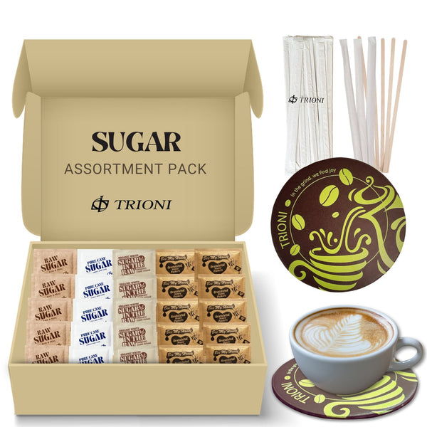 TRIONI Sugar Assortment Pack - Honey, Organic, Raw, and Cane Sugar with Stirrers and Coaster - 421 count - TRIONI Treats