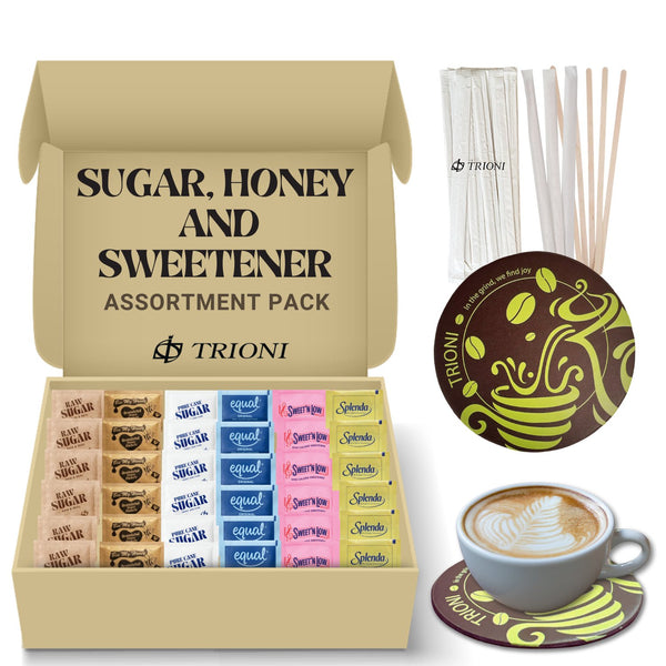 TRIONI Sugar and Sweetener Assortment Pack - Honey, Raw, Cane Sugar, and 3 Sweeteners with Stirrers and Coaster - TRIONI Treats