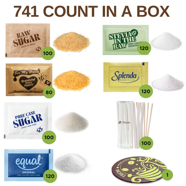 TRIONI Sugar and Sweetener Assortment Pack - Honey, Raw, Cane Sugar, Stevia, and 2 Sweeteners - with Stirrers and Coaster - TRIONI Treats