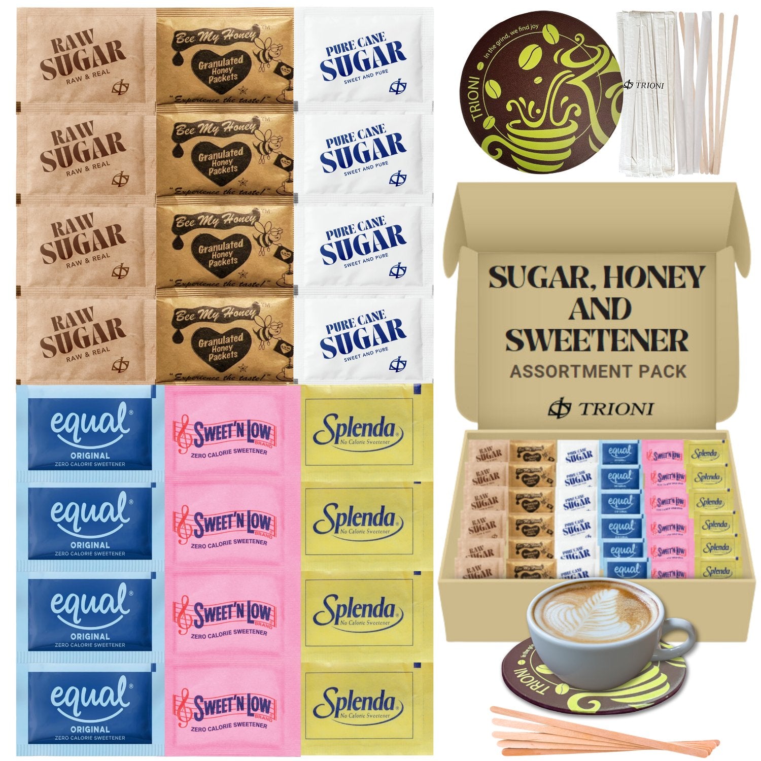 TRIONI Sugar and Sweetener Assortment Pack - Honey, Raw, Cane Sugar, and 3 Sweeteners with Stirrers and Coaster - TRIONI Treats