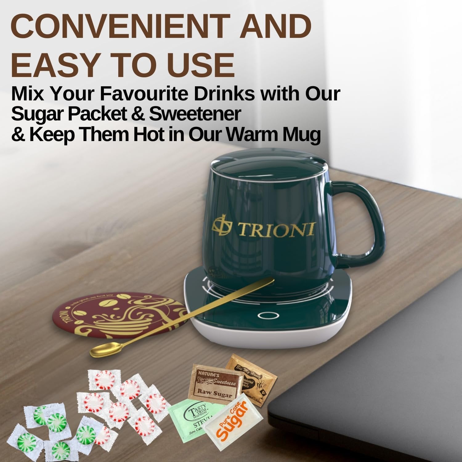 Coffee and Tea Gift Set Consist of TRIONI Coffee Mug Warmer, Sugar and Sweetener Assortment Packets, Honey Packets, Lava Bracelets, Spearmint, and Peppermint Candy with Coffee Coaster & Stirrer! - TRIONI Treats