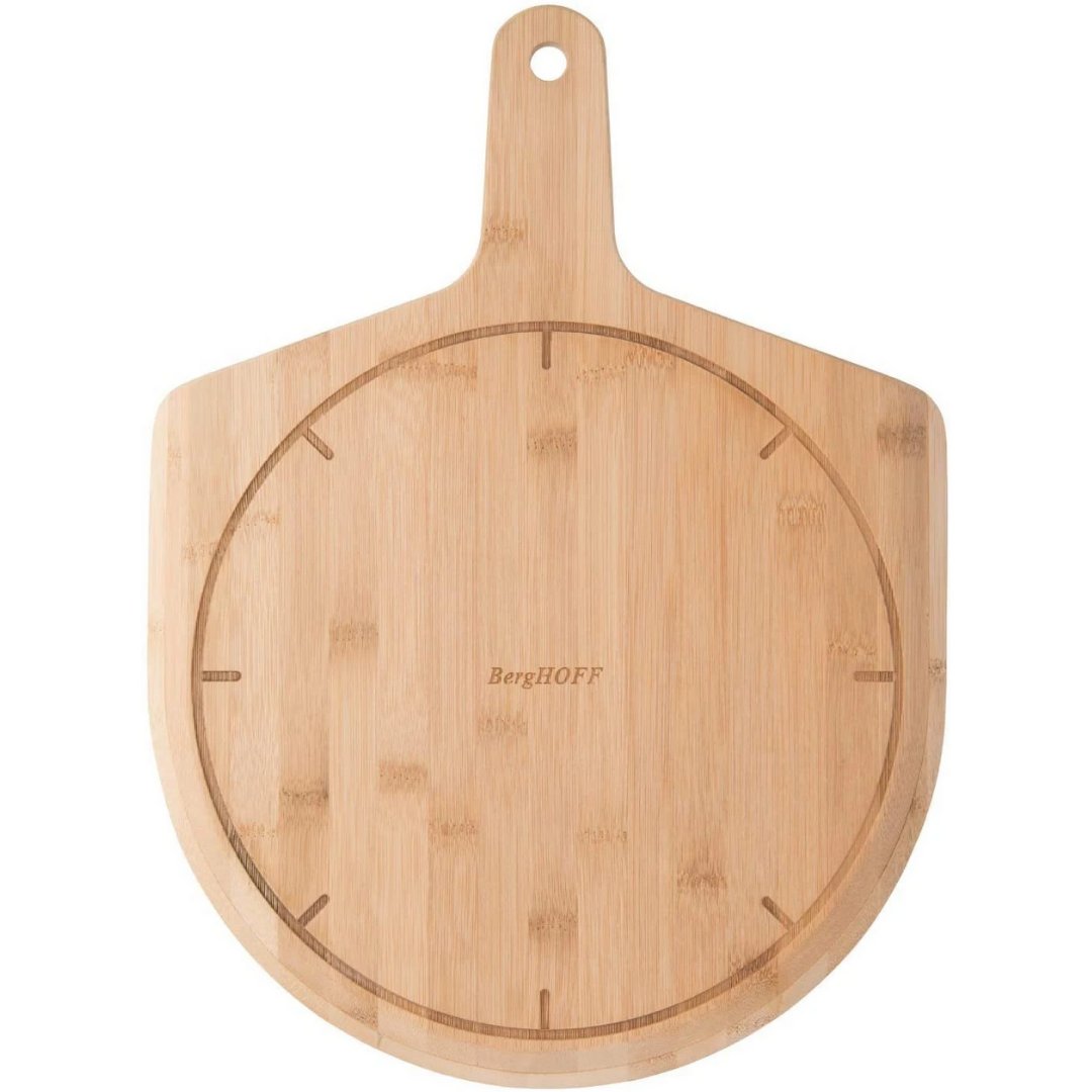 BergHOFF LEO Premium 18/10 Stainless steel Set of 2 pcs, Pizza Serving Set of Cutter and Bamboo Shovel, Mint & Natural, Soft-grip handle, Multifunctional shovel, Integrated grid lines, Portion control - Skyline Home Collection