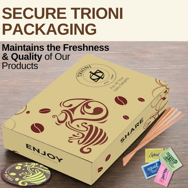 TRIONI Sweetener Assortment Pack - Stevia, Aspartame, Saccharin, and Sucralose with Stirrers and Coaster - TRIONI Treats