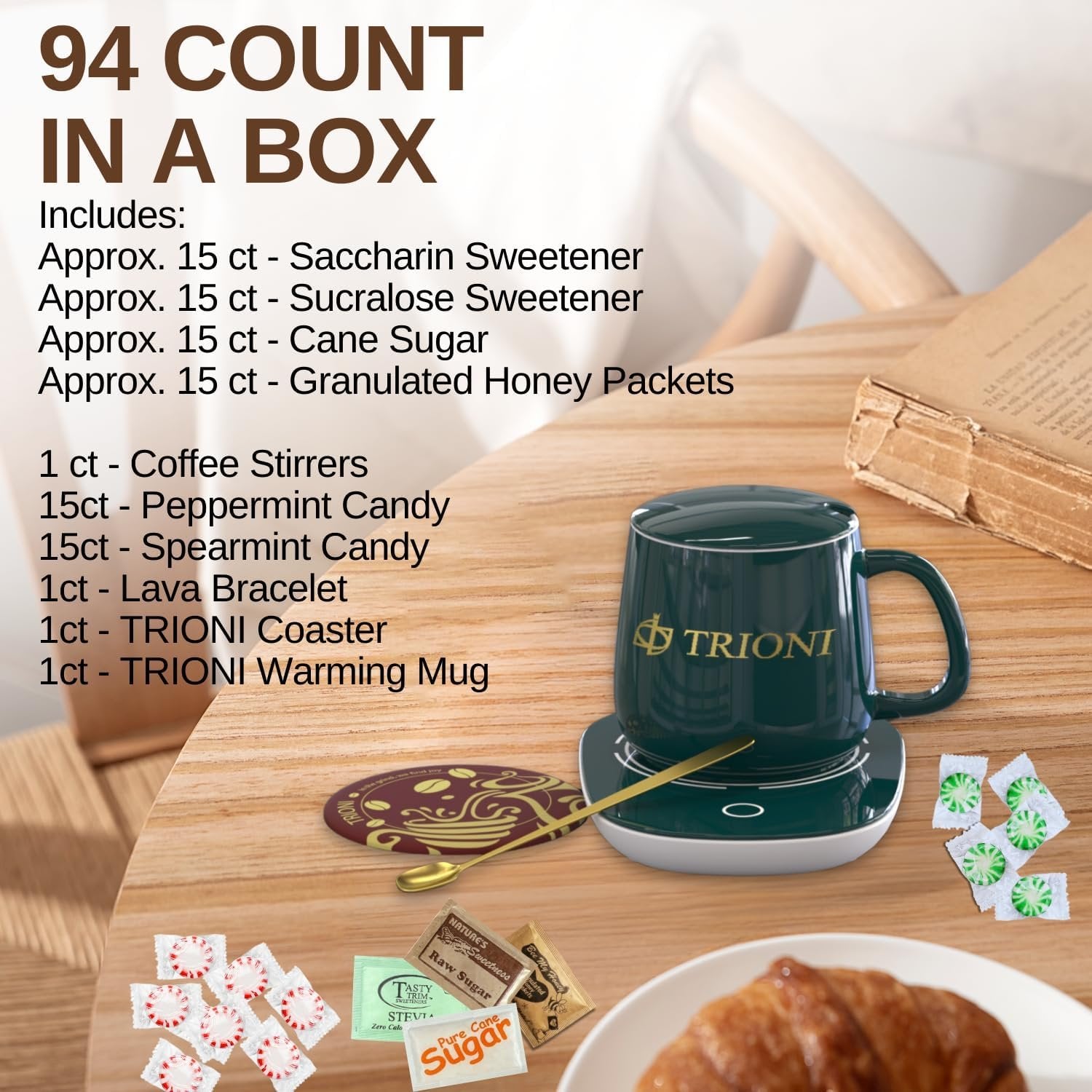 Coffee and Tea Gift Set Consist of TRIONI Coffee Mug Warmer, Sugar and Sweetener Assortment Packets, Honey Packets, Lava Bracelets, Spearmint, and Peppermint Candy with Coffee Coaster & Stirrer! - TRIONI Treats
