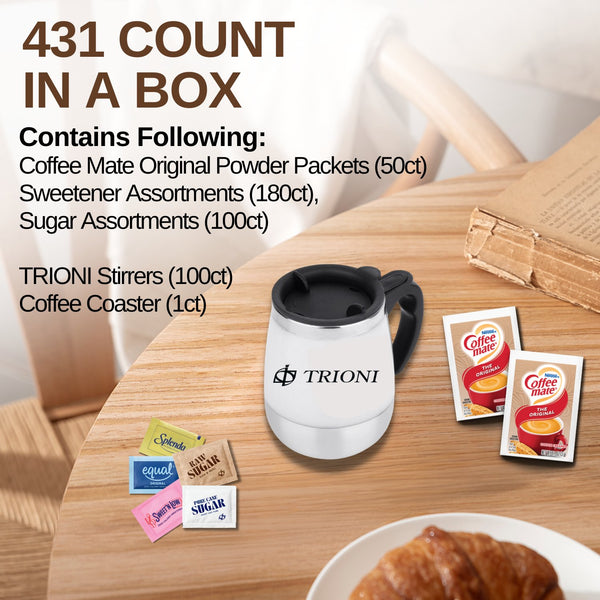 TRIONI Coffee Creamer Powder, Sugar and Sweetener Assortment Pack - Raw, Cane Sugar and 3 Sweeteners with Stirrers and Coaster - 431 count - TRIONI Treats