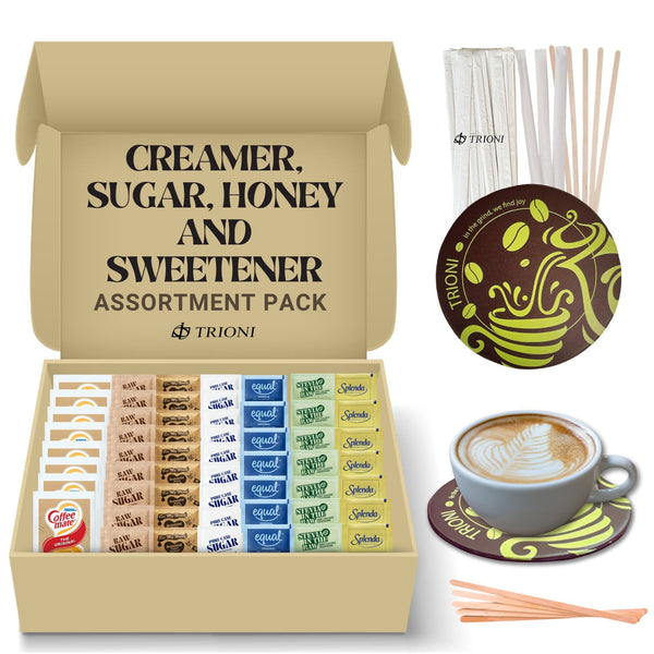 TRIONI Coffee Creamer Powder, Sugar and Sweetener Assortment Pack - Raw, Cane Sugar, Stevia and 2 Sweeteners with Stirrers and Coaster - 431 count - TRIONI Treats