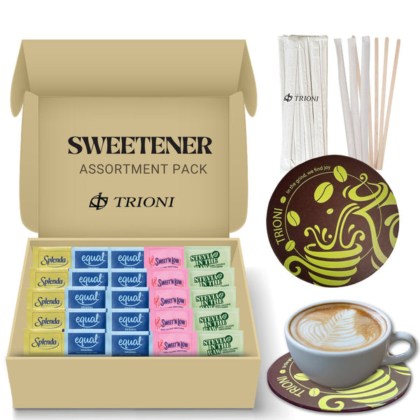 TRIONI Sweetener Assortment Pack - Stevia, Aspartame, Saccharin, and Sucralose with Stirrers and Coaster - TRIONI Treats