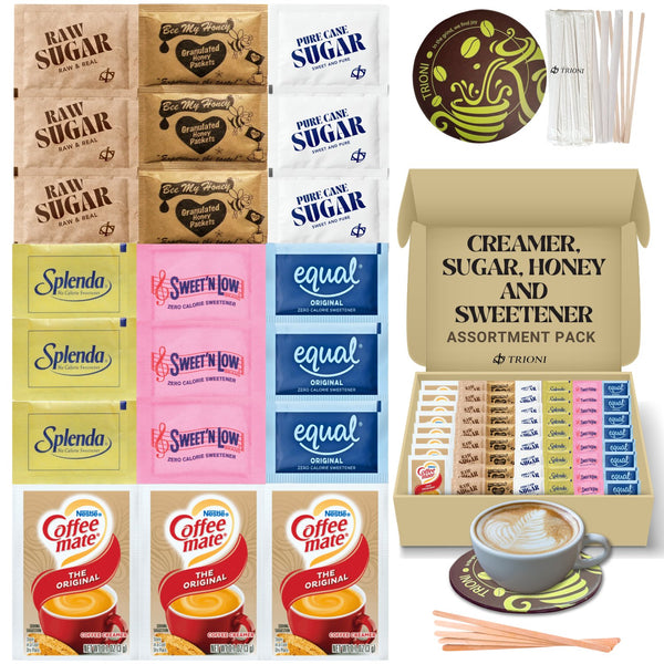 TRIONI Coffee Creamer Powder, Sugar and Sweetener Assortment Pack - Raw, Cane Sugar and 3 Sweeteners with Stirrers and Coaster - 431 count - TRIONI Treats