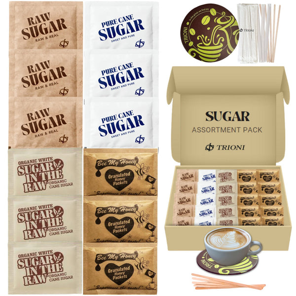 TRIONI Sugar Assortment Pack - Honey, Organic, Raw, and Cane Sugar with Stirrers and Coaster - 421 count - TRIONI Treats