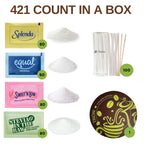 TRIONI Sweetener Assortment Pack - Stevia, Aspartame, Saccharin, and Sucralose with Stirrers and Coaster - TRIONI Treats