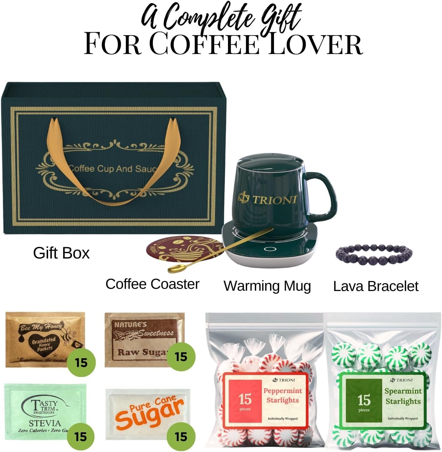 Coffee and Tea Gift Set Consist of TRIONI Coffee Mug Warmer, Sugar and Sweetener Assortment Packets, Honey Packets, Lava Bracelets, Spearmint, and Peppermint Candy with Coffee Coaster & Stirrer! - TRIONI Treats