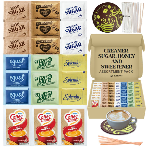 TRIONI Coffee Creamer Powder, Sugar and Sweetener Assortment Pack - Raw, Cane Sugar, Stevia and 2 Sweeteners with Stirrers and Coaster - 431 count - TRIONI Treats