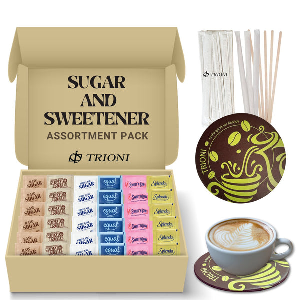 TRIONI Sugar and Sweetener Assortment Pack - Organic, Raw, Cane Sugar, and 3 Sweeteners with Stirrers and Coaster - TRIONI Treats