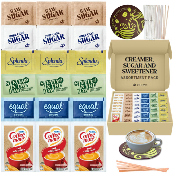 TRIONI Coffee Creamer Powder, Sugar and Sweetener Assortment Pack - Raw, Cane Sugar, Stevia and 2 Sweeteners with Stirrers and Coaster - 431 count - TRIONI Treats