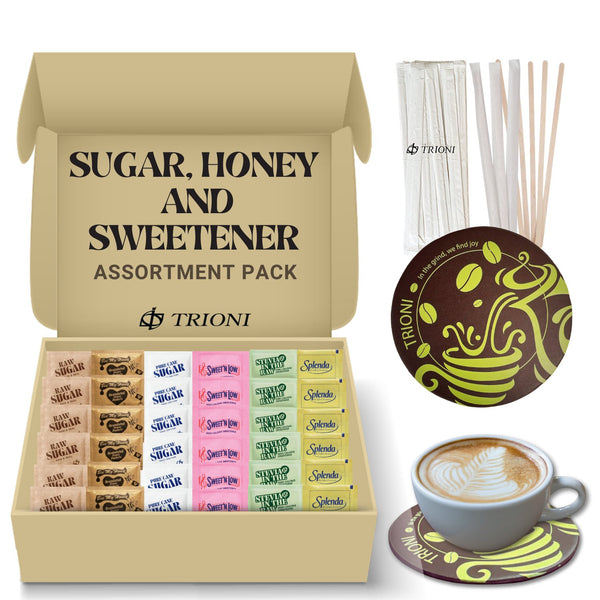 TRIONI Sugar and Sweetener Assortment Pack - Honey, Raw, Cane Sugar, Stevia, and 2 Sweeteners - with Stirrers and Coaster - TRIONI Treats