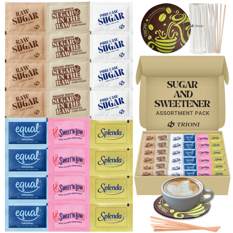 TRIONI Sugar and Sweetener Assortment Pack - Organic, Raw, Cane Sugar, and 3 Sweeteners with Stirrers and Coaster - TRIONI Treats