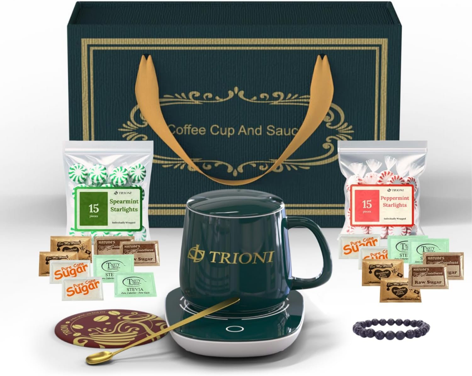 Coffee and Tea Gift Set Consist of TRIONI Coffee Mug Warmer, Sugar and Sweetener Assortment Packets, Honey Packets, Lava Bracelets, Spearmint, and Peppermint Candy with Coffee Coaster & Stirrer! - TRIONI Treats
