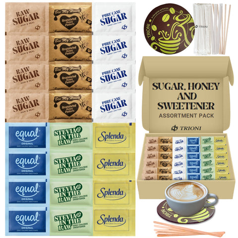 TRIONI Sugar and Sweetener Assortment Pack - Honey, Raw, Cane Sugar, Stevia, and 2 Sweeteners - with Stirrers and Coaster - TRIONI Treats